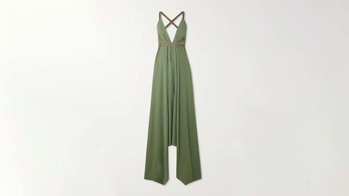 CARAVANA Abalkan open-back leather-trimmed cotton-gauze halterneck maxi dress